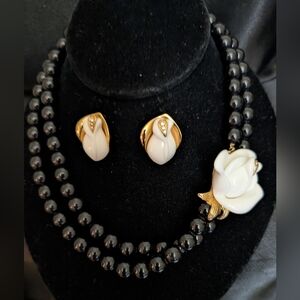 #45. KJL for Avon White Rose and Black Bead Necklace with Pierced Earrings
